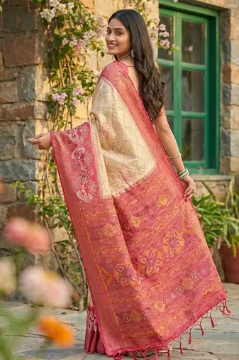 cream pochampalli silk blend saree for women 