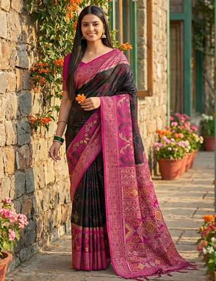 black pochampalli silk blend saree for women  1
