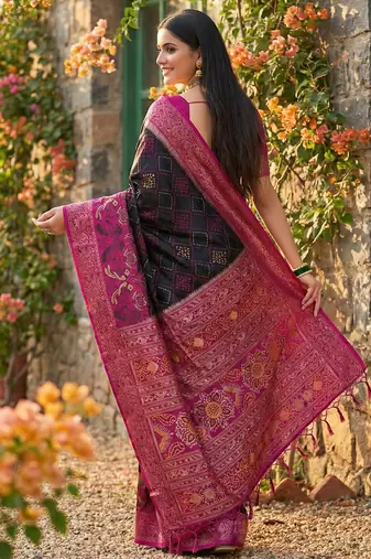 black pochampalli silk blend saree for women 