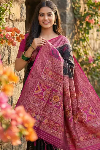 black pochampalli silk blend saree for women 