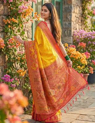 yellow pochampalli silk blend saree for women  2