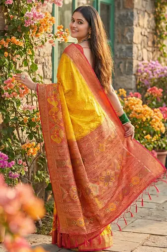 yellow pochampalli silk blend saree for women 