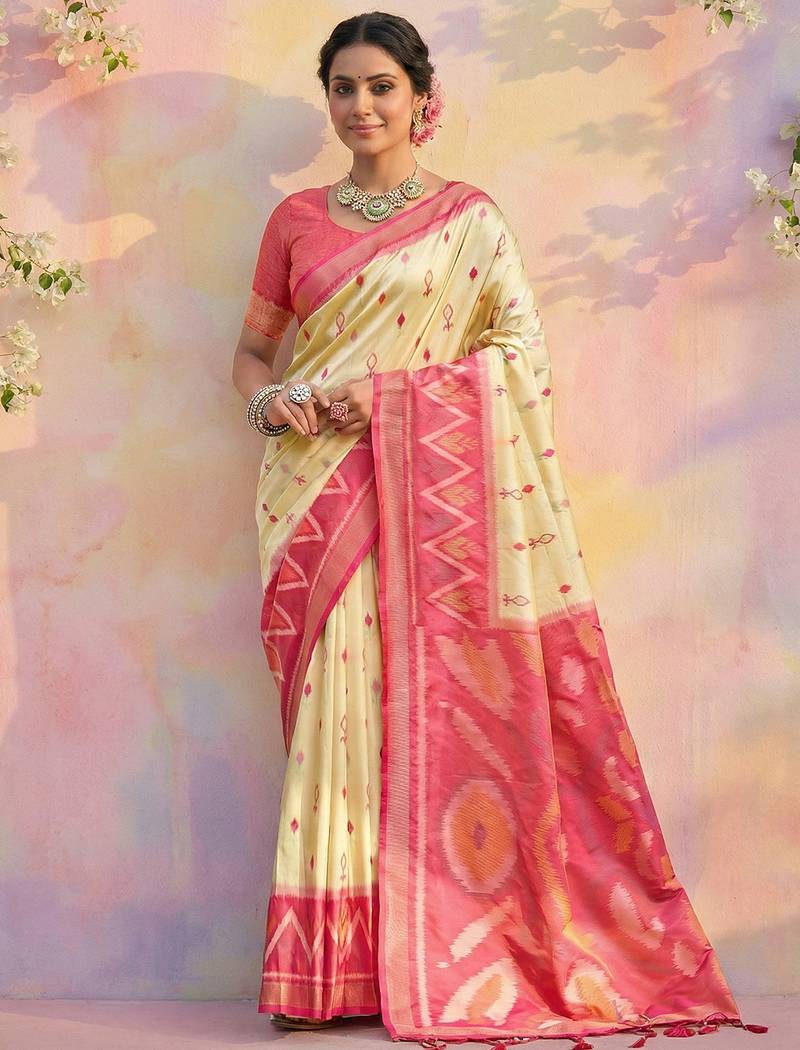 Sutriti cream pochampalli silk saree | traditional wedding & festive wear saree