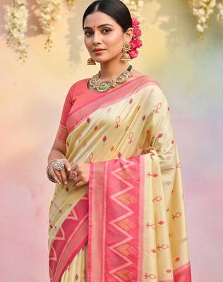 cream pochampalli silk blend saree  4