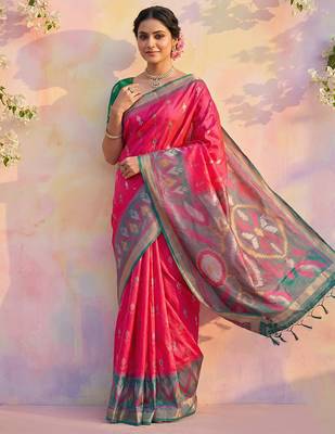 pink pochampalli silk blend saree  1