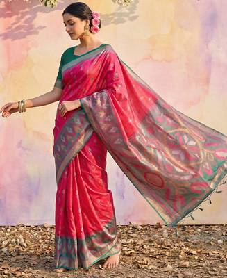 pink pochampalli silk blend saree  2