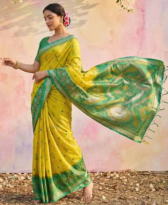 yellow pochampalli silk blend saree  2