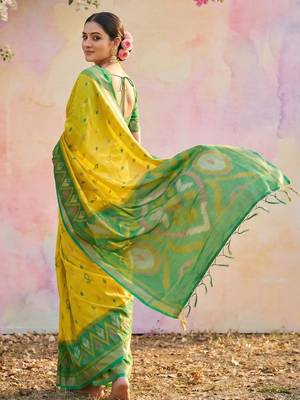 yellow pochampalli silk blend saree  3