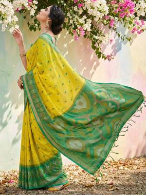 yellow pochampalli silk blend saree  4