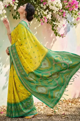 yellow pochampalli silk blend saree 