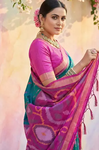 teal blue pochampalli silk blend saree 