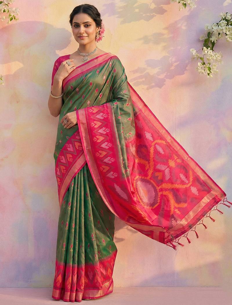 Sutriti olive green pochampalli silk saree | traditional wedding & festive wear saree