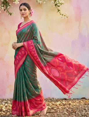 olive green pochampalli silk blend saree  2