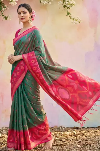 olive green pochampalli silk blend saree 
