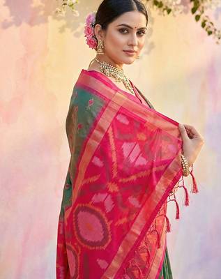 olive green pochampalli silk blend saree  4