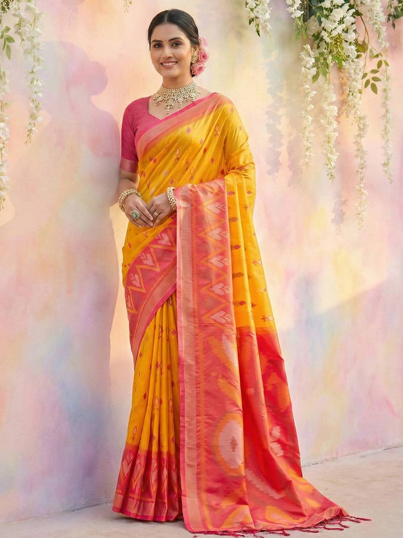 Sutriti yellow pochampalli silk saree | traditional wedding & festive wear saree