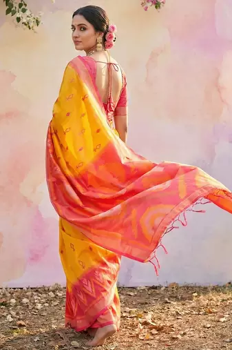 yellow pochampalli silk blend saree 