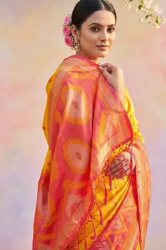 yellow pochampalli silk blend saree 
