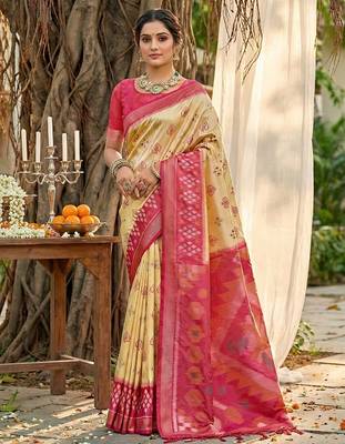 cream pochampalli silk blend saree  1