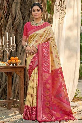 Sutriti cream pochampalli silk saree | elegant traditional wedding & festive wear saree