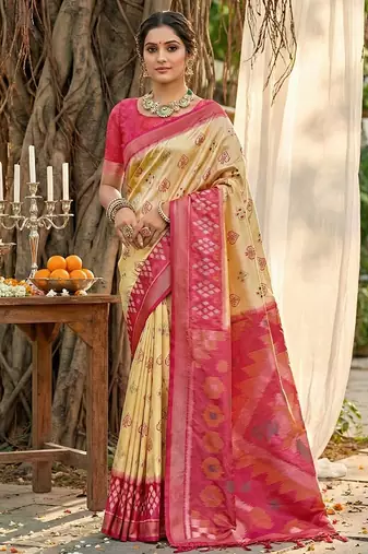 Sutriti cream pochampalli silk saree | elegant traditional wedding & festive wear saree