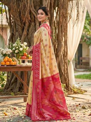 cream pochampalli silk blend saree  2