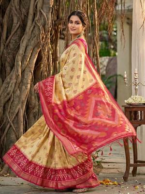 cream pochampalli silk blend saree  3