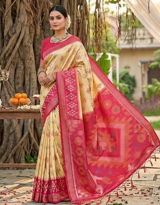 cream pochampalli silk blend saree  4