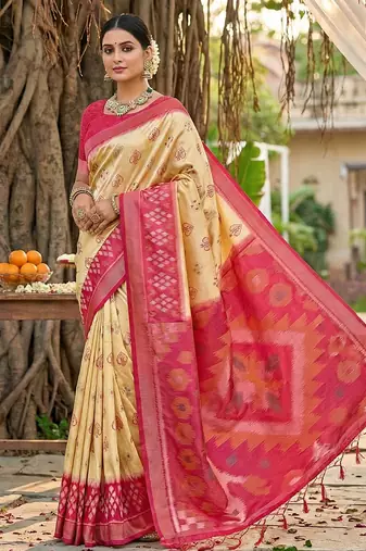 cream pochampalli silk blend saree 