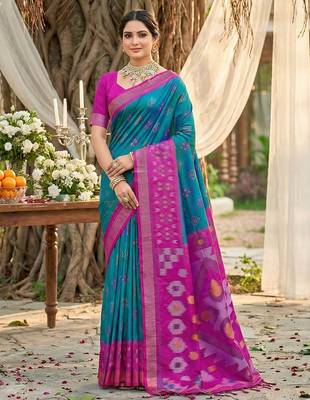 teal blue pochampalli silk blend saree  1