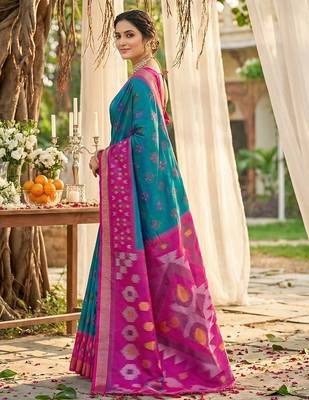 teal blue pochampalli silk blend saree  2