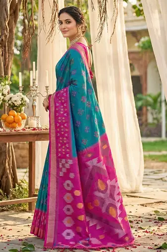 teal blue pochampalli silk blend saree 