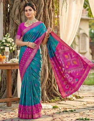 teal blue pochampalli silk blend saree  3