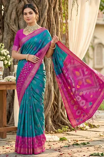 teal blue pochampalli silk blend saree 