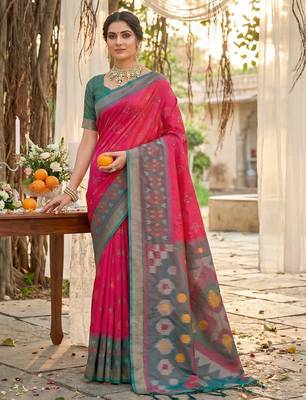 pink pochampalli silk blend saree  1