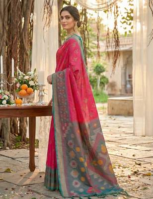pink pochampalli silk blend saree  2