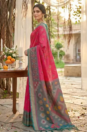 pink pochampalli silk blend saree 