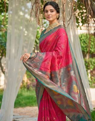 pink pochampalli silk blend saree  3