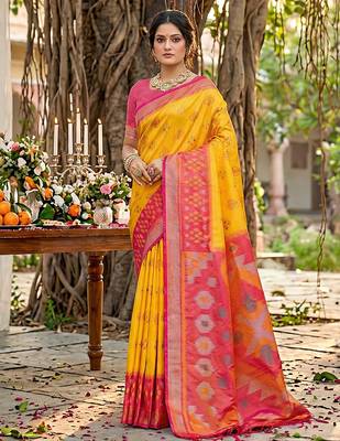 yellow pochampalli silk blend saree  1