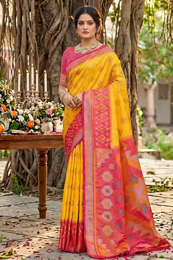 Sutriti yellow pochampalli silk saree | elegant traditional wedding & festive wear saree