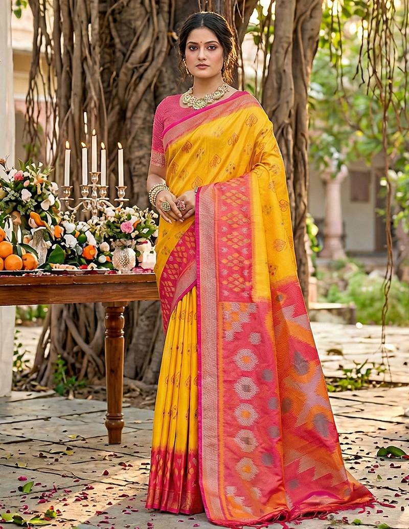 Sutriti yellow pochampalli silk saree | elegant traditional wedding & festive wear saree