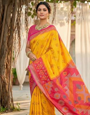 yellow pochampalli silk blend saree  2