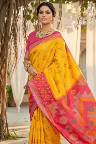 yellow pochampalli silk blend saree 