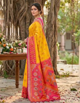 yellow pochampalli silk blend saree  3