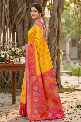 yellow pochampalli silk blend saree 