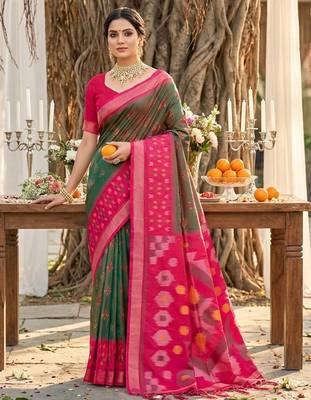 olive green pochampalli silk blend saree  1