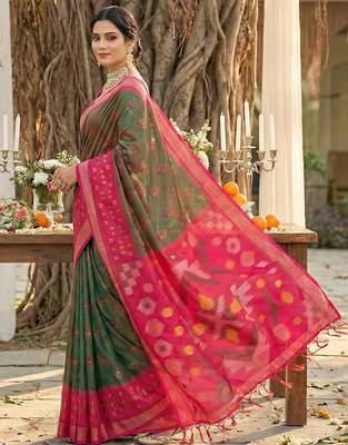olive green pochampalli silk blend saree  2