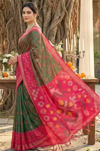 olive green pochampalli silk blend saree 