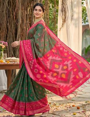 olive green pochampalli silk blend saree  3