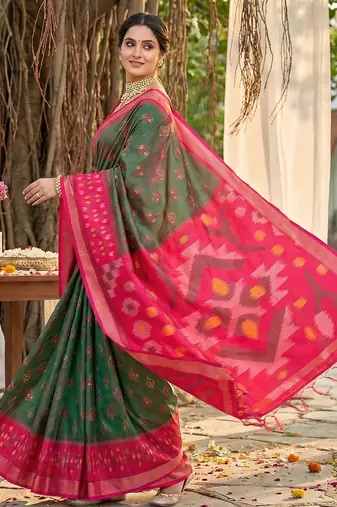 olive green pochampalli silk blend saree 